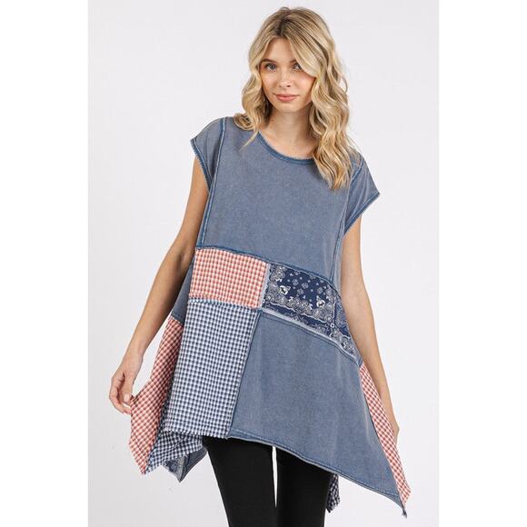 Mittoshop Patchwork Mineral Wash Round Neck Cap Sleeves Asymmetrical Top | Navy - Picture 4 of 5